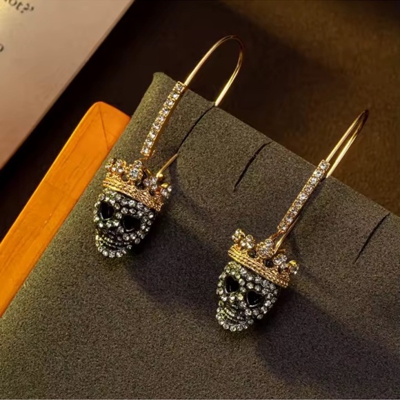 Gothic Crowned Skull Pave Crystal Drop Earrings - Picture 9 of 9